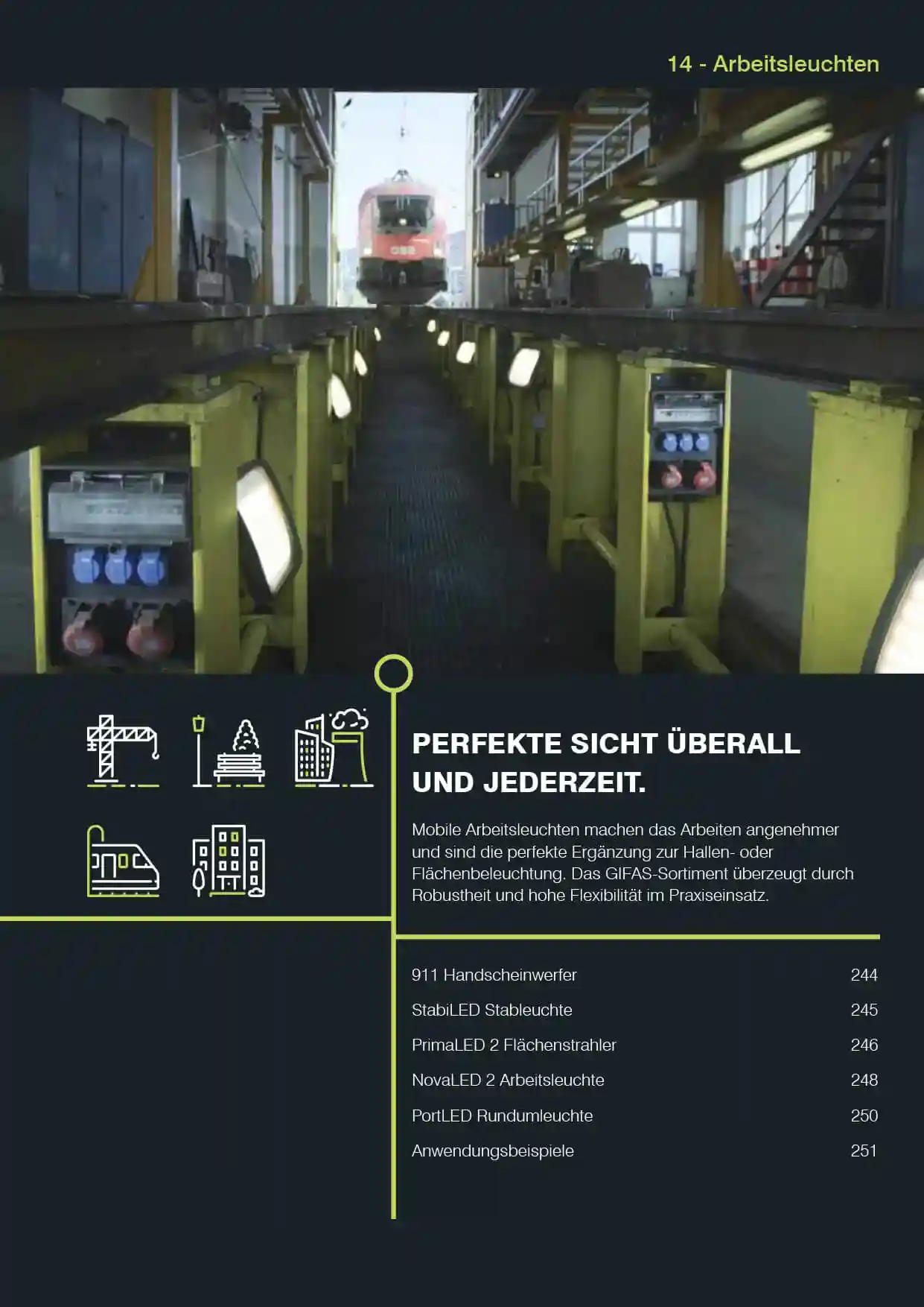 Katalog-Titelbild für Arbeitsleuchten für Baustellen, Werkstätten und sonstige Anwendungen in der Industrie