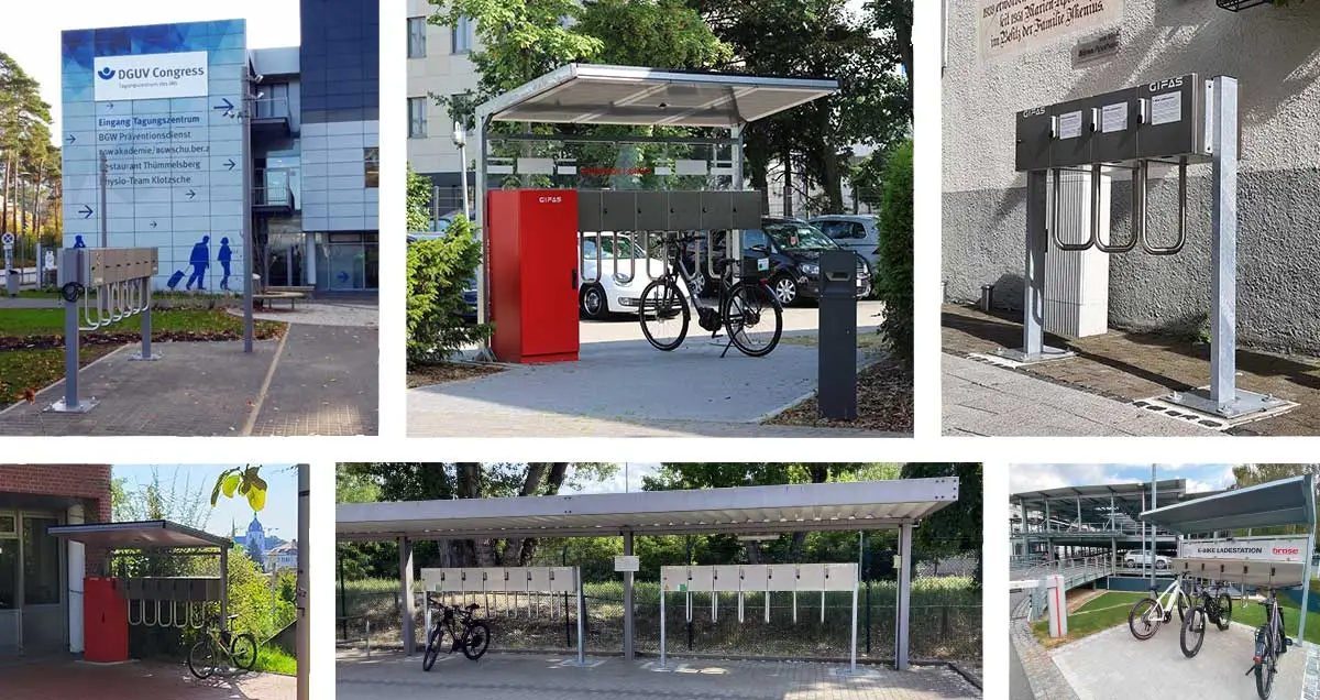 Bildgalerie von E-Bike Ladestationen vor Hochschule und auf Parkplatz