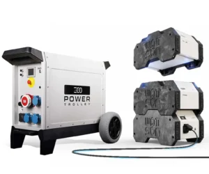 Mobile Stromversorger mit Batterie zum Stappeln oder auf Rolle mit Griff als mobile Drehstromeinheit