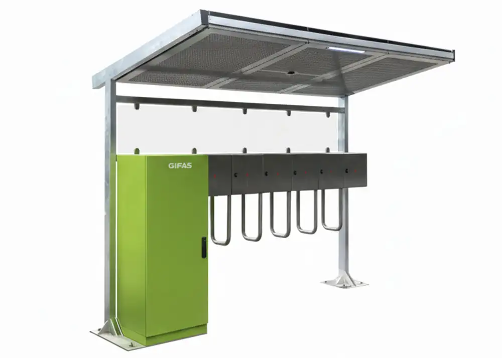 Ladestation E660S für E-Bikes und Pedelecs mit Schließfächern aus V2A_Edelstahl für Städte, Kommunen und Unternehmen mit Photovoltaik-Dach, Solarstrom und Stromspeicher-Akku