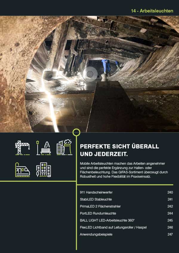 Katalog-Titelbild für Arbeitsleuchten für Baustellen, Werkstätten und sonstige Anwendungen in der Industrie