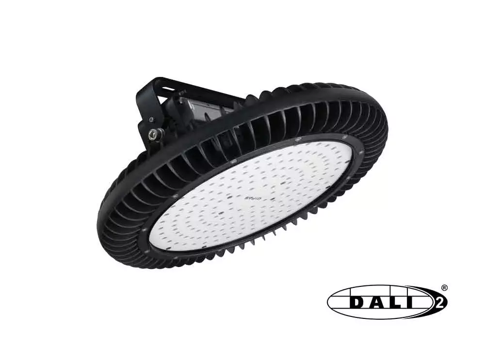 Runder LED-Hallentiefstrahler mit Bügel und DALI 2 für Industrie und Gewerbe.